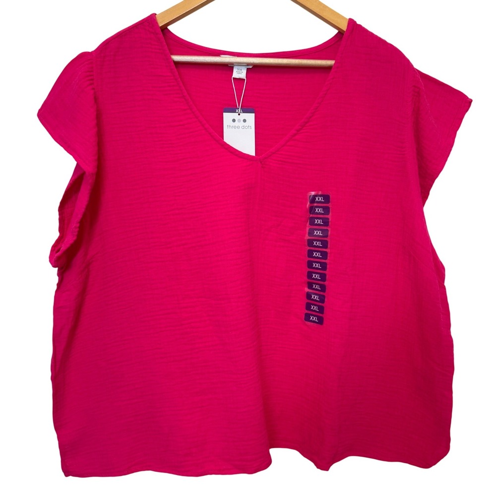 Three Dots Womens Blouse XXL Fuchsia Cotton Gauze Flutter Sleeve V-Neck Boho